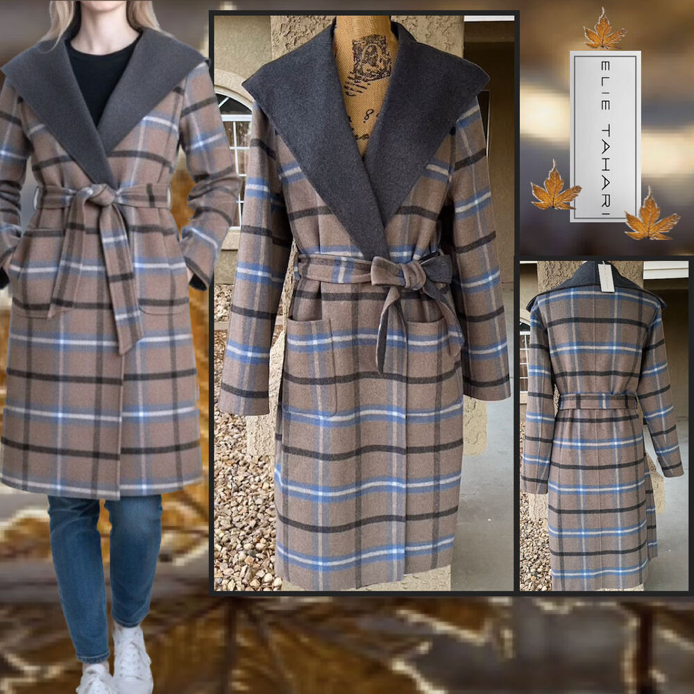Elie Tahari Cathedral Grey Wallace Plaid Wool Fox Silk Blend Wrap Coat Size XL